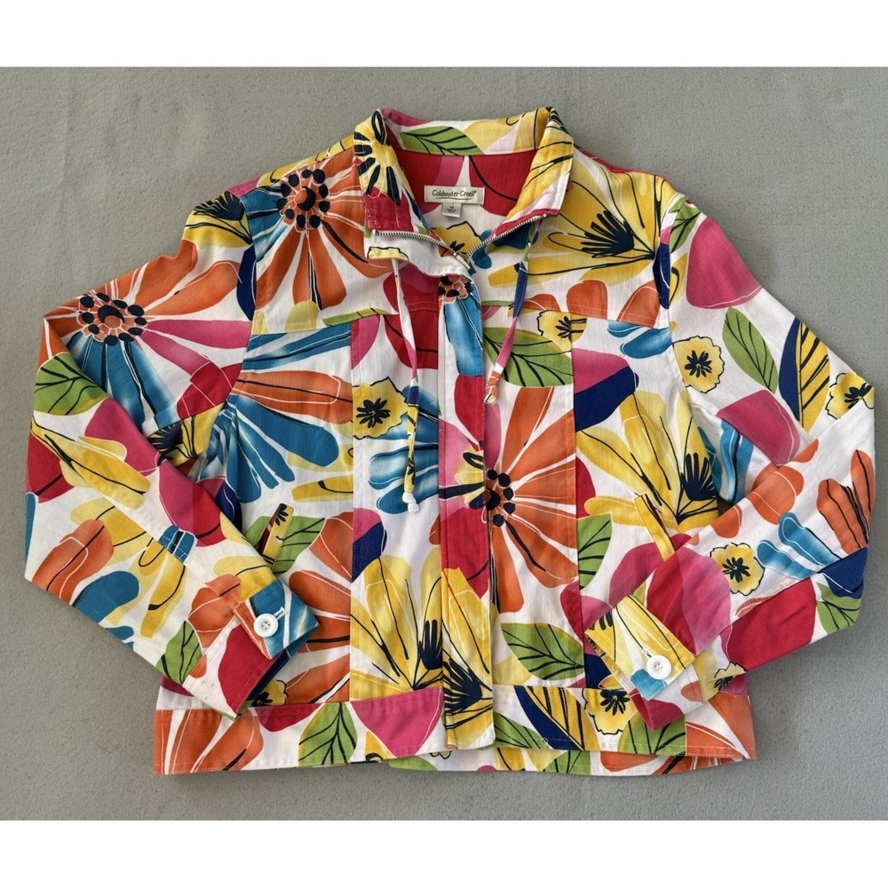 Coldwater Creek Floral Cropped Jacket Boho Size 14 Bright Colorful Pink Preppy